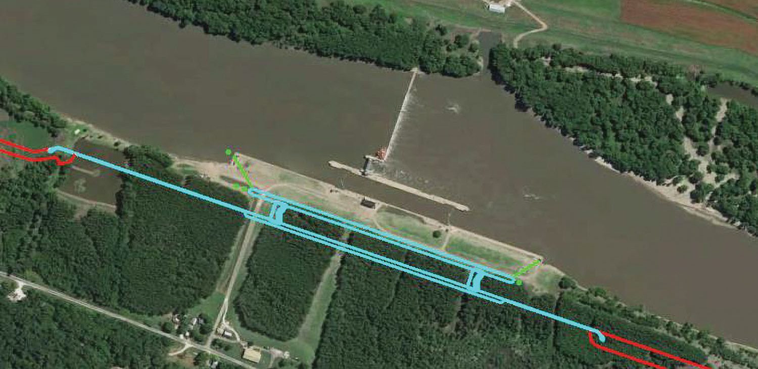 A design shows the site plan of a new 1,200-foot lock chamber to be built landward of the existing 600-foot chamber at LaGrange Lock and Dam on the Illinois River. Tetra Tech was awarded the contract for the 100 percent engineering design. (Image courtesy of Rock Island Engineer District)