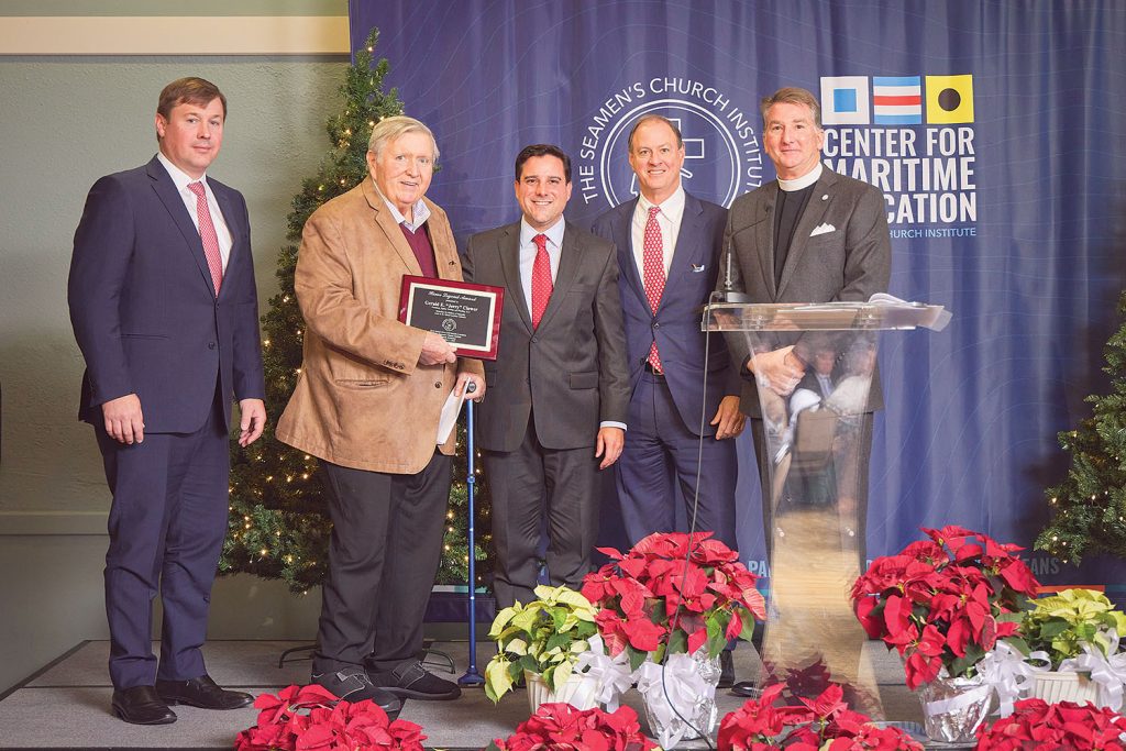 From left: Damon Judd, president and CEO of Marquette Transportation Company; River Legend Award recipient Gerry Clower, Harbor Towing & Fleeting president and owner; Todd Clower, Harbor Towing & Fleeting CEO and owner; Merritt Lane, president and CEO of Canal Barge Company; and the Rev. Mark Nestlehutt, president and executive director of SCI. (Photo courtesy of Seamen's Church Institute)