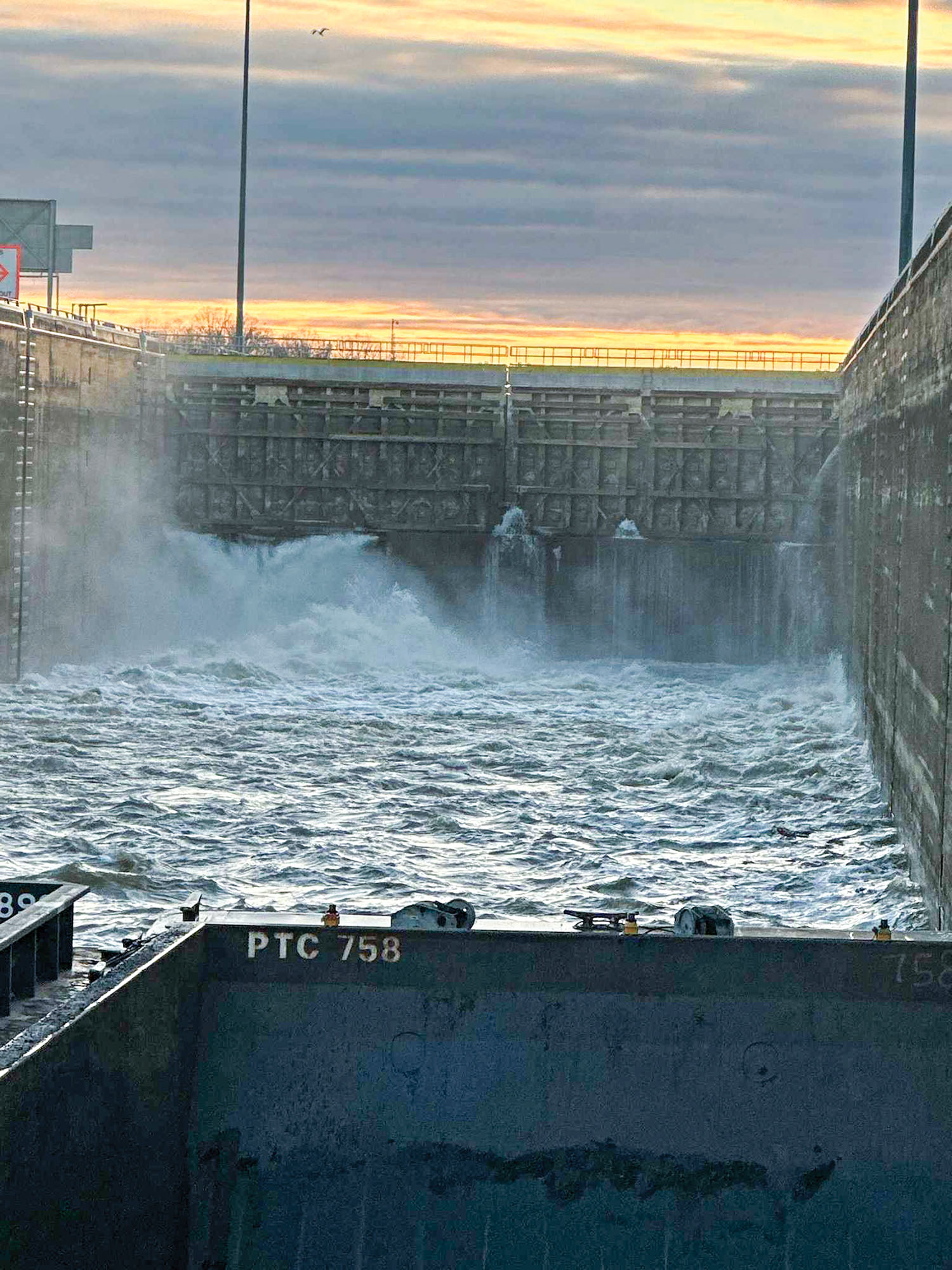 Water pours into Demopolis Lock after an apparent concrete failure in a miter gate sill.