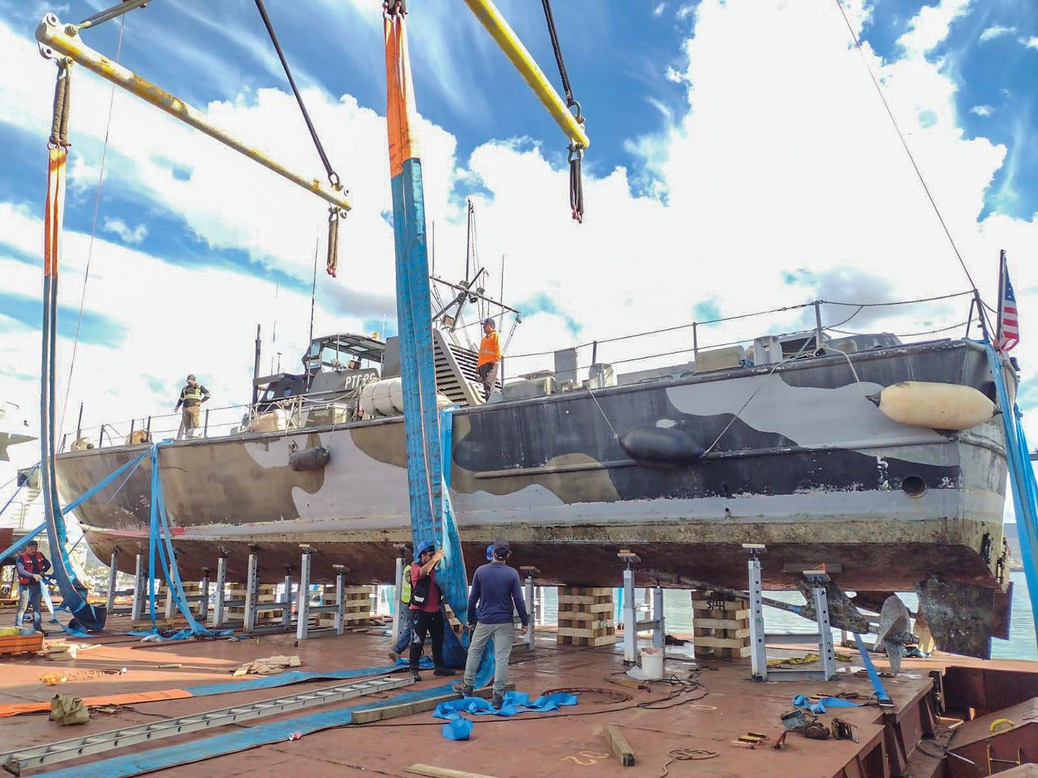 PTF-26 loaded in its travel cradle on the mv. BBC Michigan prior to traveling through the Panama Canal and then across the Gulf of Mexico and around Florida to Port Everglades. (Photo courtesy of Maritime Pastoral Training Foundation)