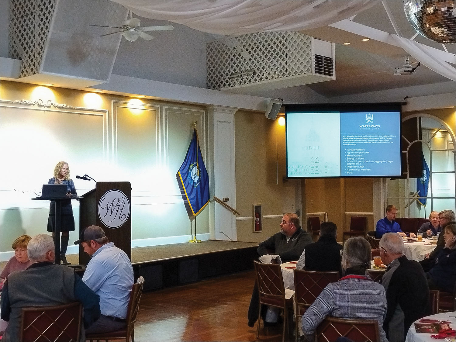 Deb Calhoun, senior vice president of Waterways Council Inc., speaks at the January 10 meeting of the Port of Paducah Propeller Club at Walker Hall in Paducah, Ky. (Photo by Shelley Byrne)