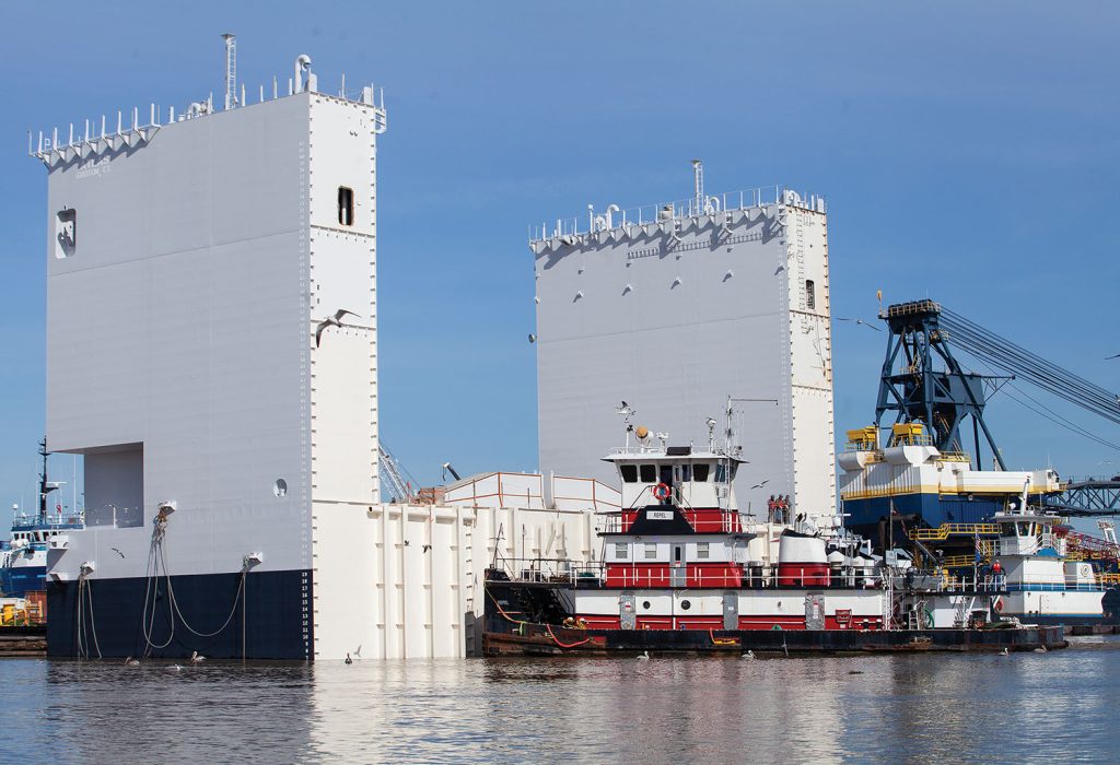 The mv. Repel sits nosed up against a portion of a submarine drydock at Bollinger Shipyard in Morgan City, La. (Photo by Frank McCormack)