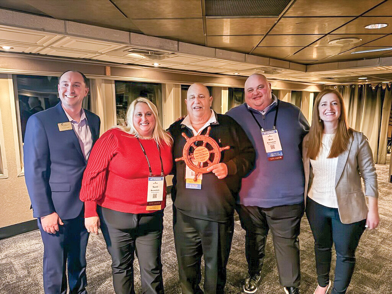 Capt. Alan Bernstein of BB Riverboats received a 2023 Achievement Award from the National Rivers Hall of Fame on January 26 at the Passenger Vessel Association conference in Portland, Ore. Pictured are (left to right), Tommy Lange, Terri Bernstein, Alan Bernstein, Ben Bernstein and Wendy Scardino. (Photo courtesy of BB Riverboats)