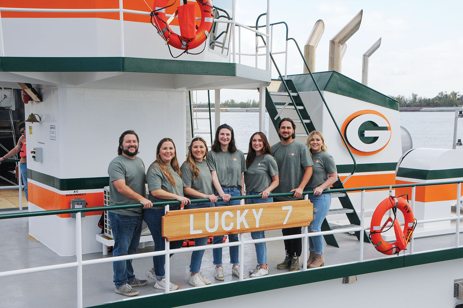 Dan Wise’s seven grandchildren aboard the mv. Lucky 7, from left: Taylor Hymel, Katie Hymel, Emily Hymel, Gracie Wise, Maggie Wise, Noah Hymel and Quincy Hymel. (Photo courtesy of Gnots Reserve)