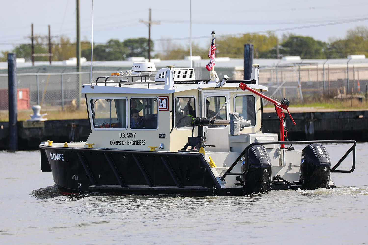 The mv. Ducarpe sets sail after a christening ceremony held at the Seabrook Harbor & Marine March 7 in New Orleans, La. This hydrographic survey boat is the newest among the fleet of vessels that sails the waters of South Louisiana for the New Orleans Engineer District. (U.S. Army photo by Sye Ellis)