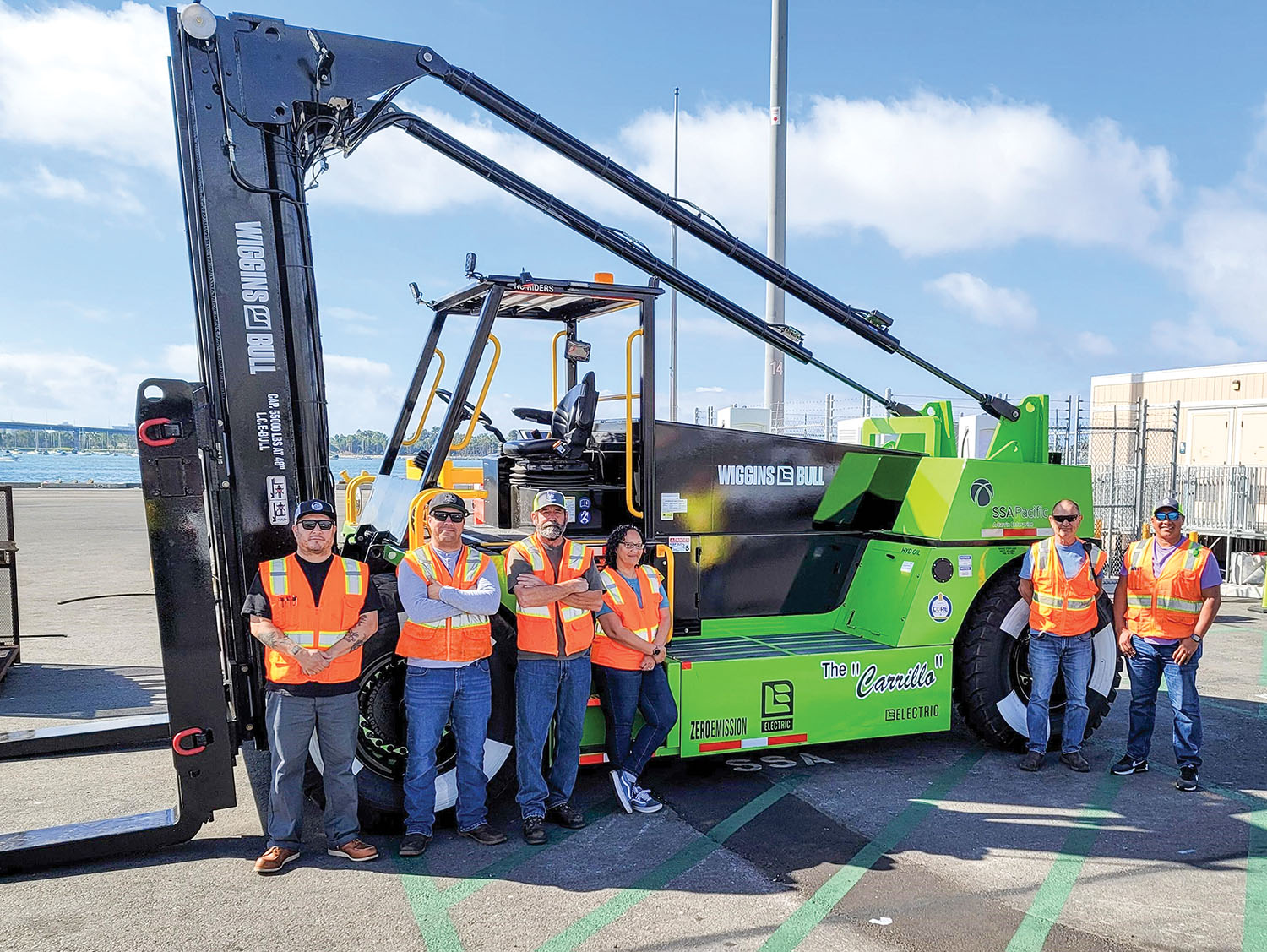 Zero-emissions, Wiggins Yard eBull battery forklift at the Port of San Diego has a 55,000-pound capacity.