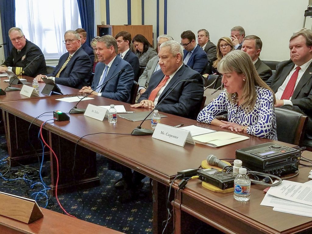 Jennifer Carpenter, AWO’s president and CEO, testifies at a House Coast Guard and Maritime Transportation Subcomittee hearing. Carpenter’s experience and commitment led to her being named the first female leader of the American Maritime Partnership, a coalition of maritime interests dedicated to supporting the Jones Act.