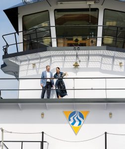 Dan and Christie Kulbieda aboard the towboat named in her honor.