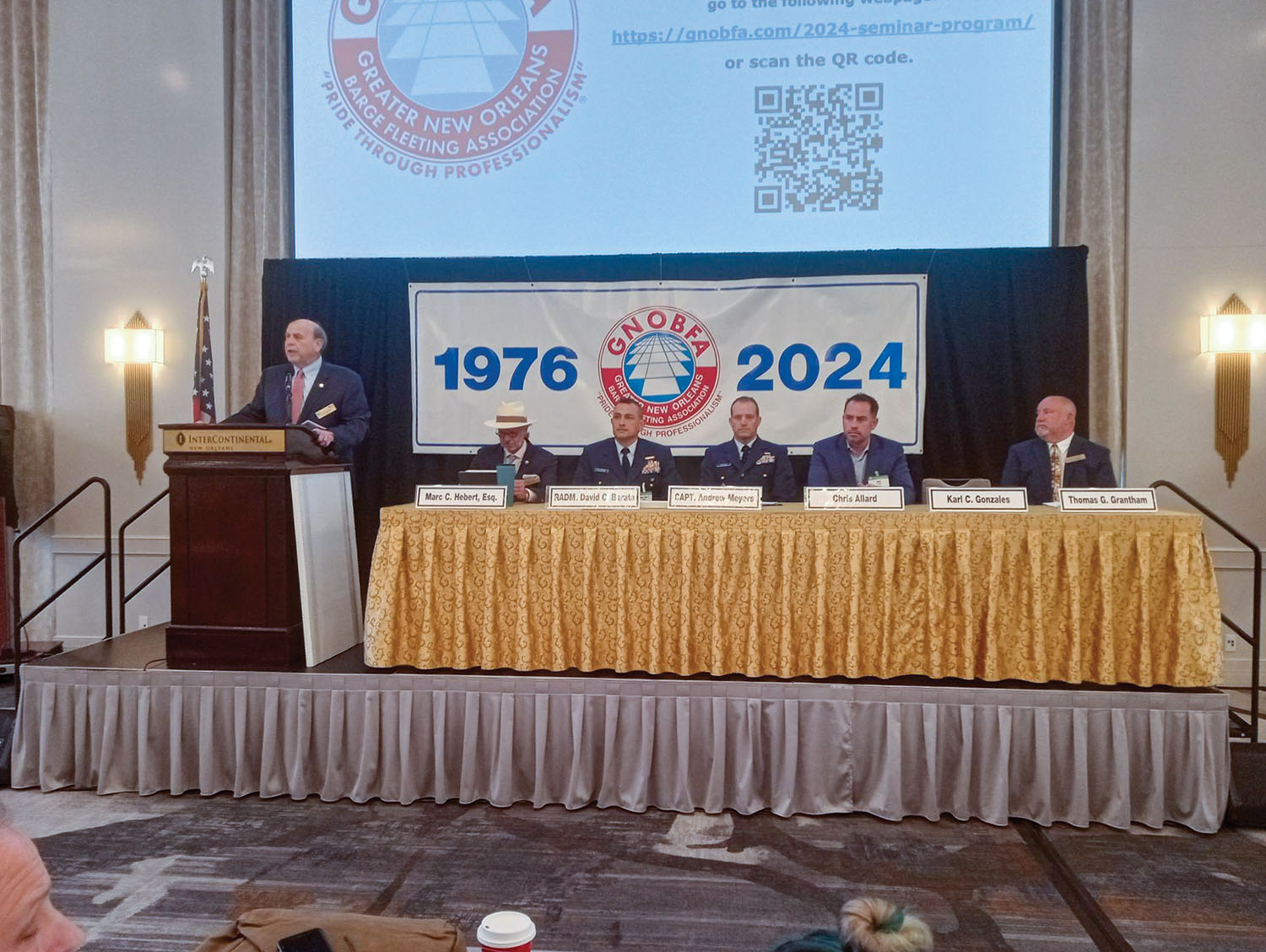 Karl Gonzalez welcomes attendees to the 40th Annual seminar of the Greater New Orleans Barge Fleeting Association in New Orleans on April 24. (Photo by David Murray)