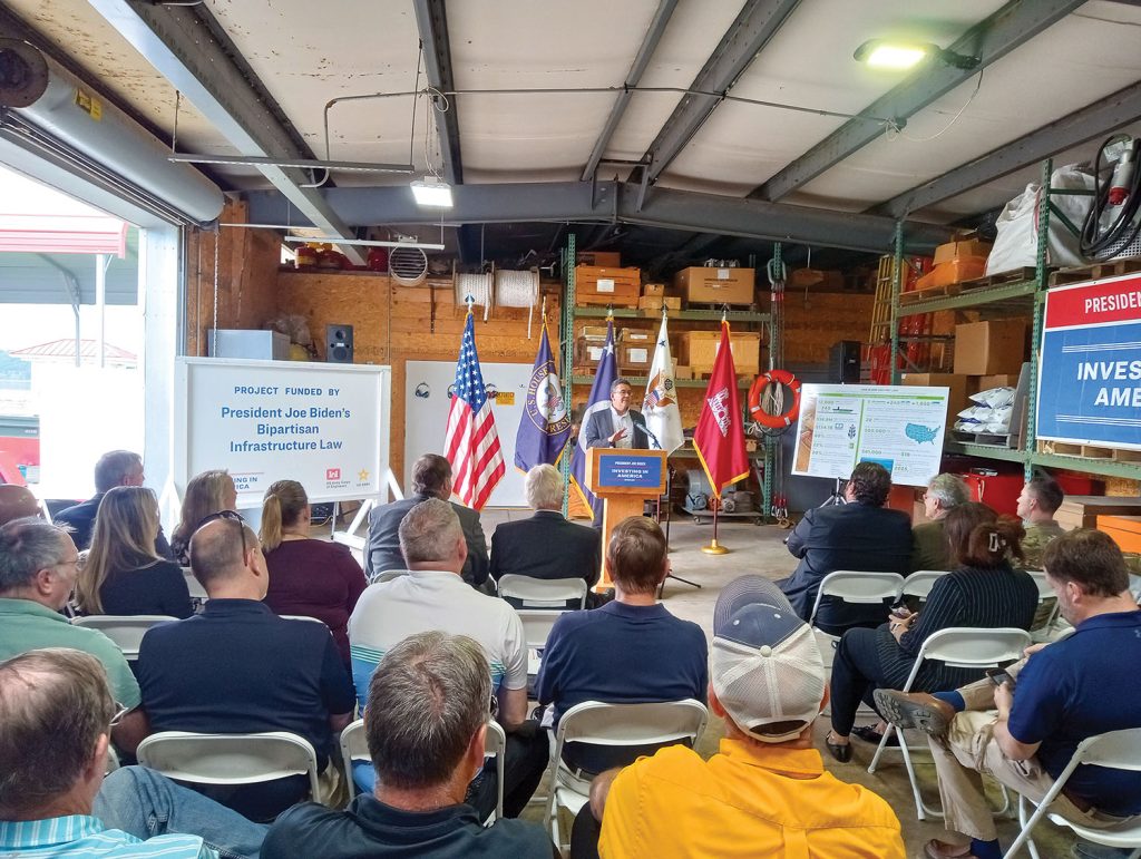 Assistant Secretary of the Army-Civil Works Michael Connor speaks to audience at Upper Mississippi River Lock and Dam 25 May 3. (Photo by David Murray)