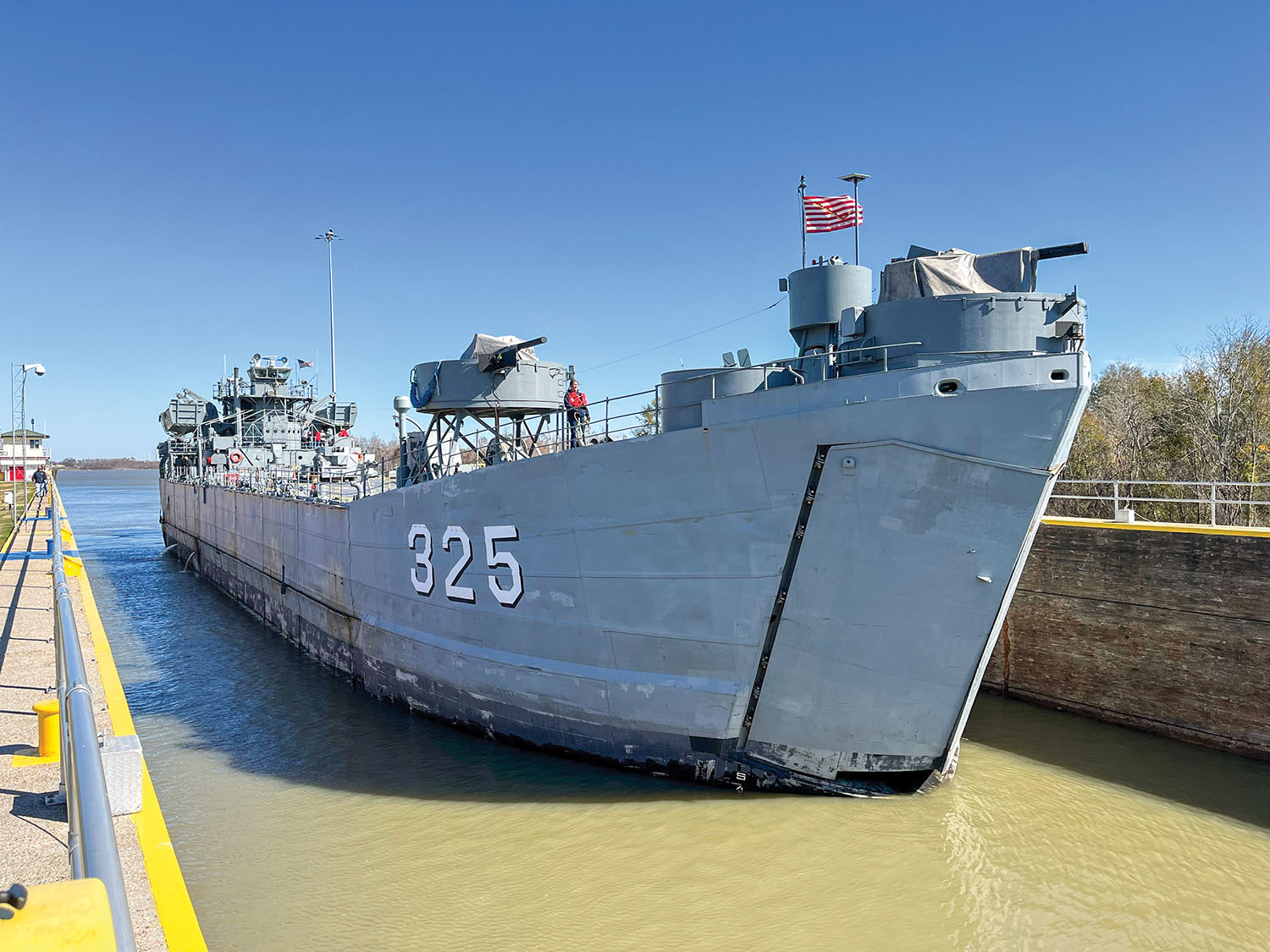 LST-325 in Algiers Lock.  (Photo courtesy of Robert Swayze, assistant operations manager for the Gulf Intracoastal Waterway, New Orleans Engineer District)