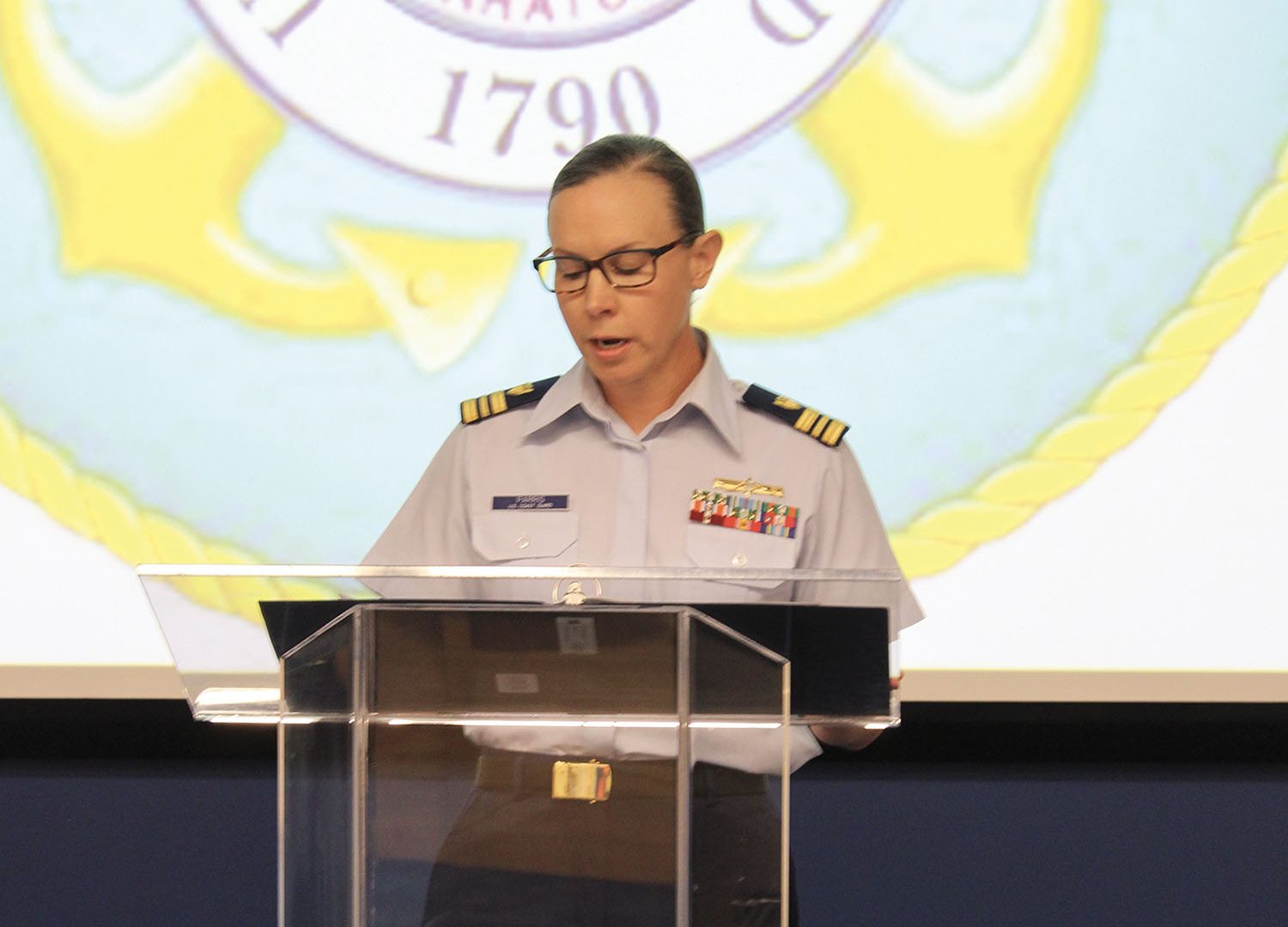 Lt. Cmdr. Terri Parris makes remarks at the May 21 ceremony where she was named the first commanding officer of the Towing Vessel National Center of Expertise, based in Paducah, Ky. (Photo by Shelley Byrne)