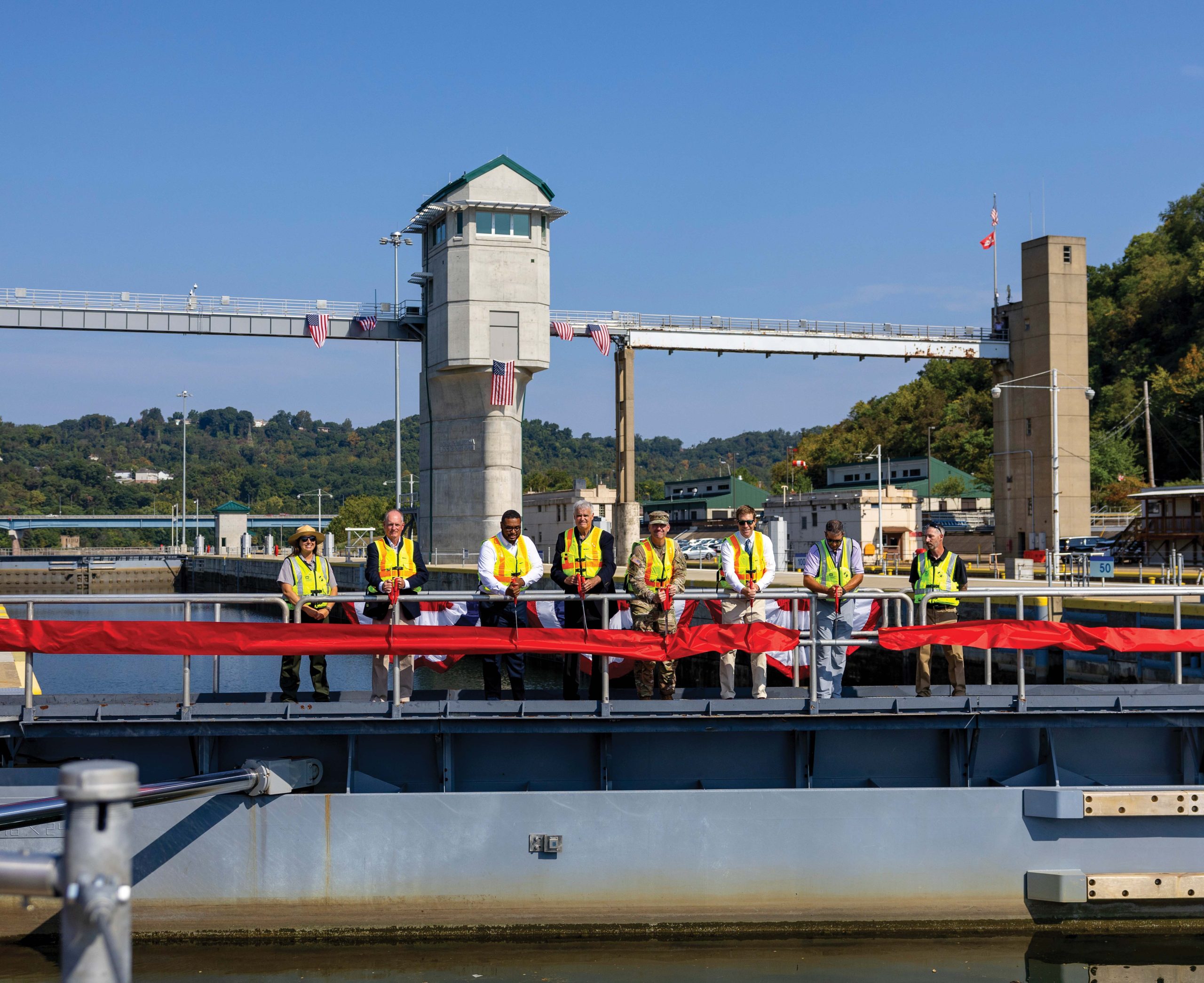 The Pittsburgh Engineer District celebrated completion of the newest lock chamber on Monongahela River during a renaming and dedication ceremony August 28. The former Locks and Dam 4 at Charleroi, Penn., is now the John P. Murtha Locks and Dam. (Photos by Michel Sauret/Pittsburgh Engineer District)
