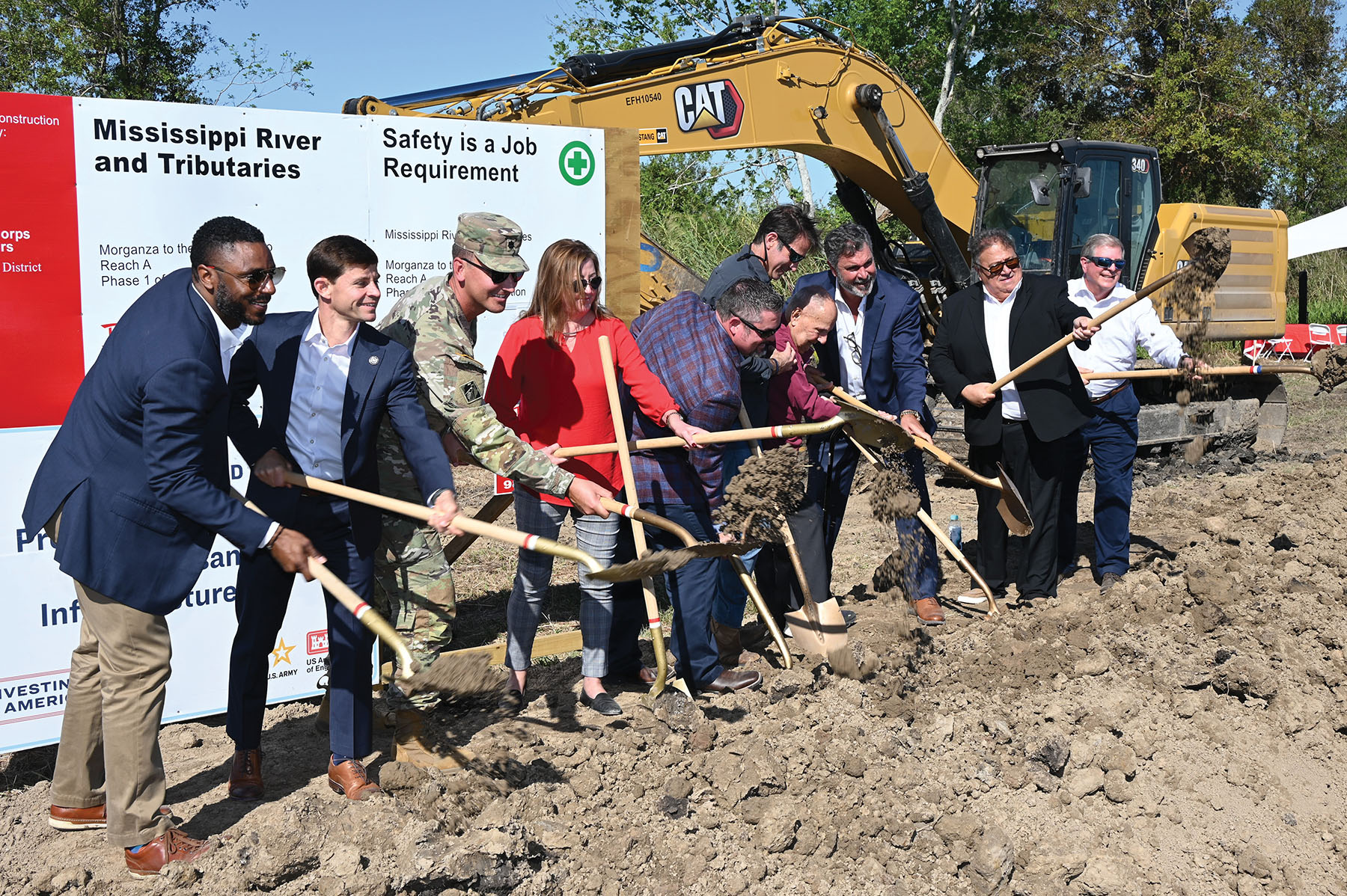 Representatives from the New Orleans Engineer District, Louisiana Coastal Protection and Restoration Authority and Terrebonne Levee and Conservation District break ground October 23 for the Morganza to the Gulf project. (Photos courtesy of the New Orleans Engineer District)