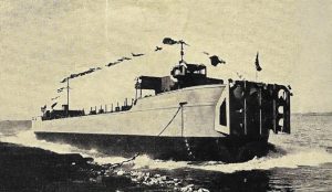 The launch of the Minneapolis Husky at Ingalls in Decatur, Ala., in 1941, as featured in a Cooper-Bessemer advertisement. Note the towknees affixed to the bow. (From the author’s collection)