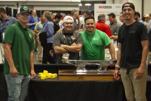 Capt. Kenny Brown (center-left), founder of the Maritime Throwdown, stands with this year’s finalists, which included Raymond Leonard (left), an apprentice mate with Broussard Brothers; Leighton Loveless (right), an apprentice mate with Central Boat Rentals; and Paul Casebonne, tankerman with Blessey Marine Services, this year’s winner. (Photo by Frank McCormack)