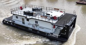 The mv. Eunice pictured with its pilothouse lowered. (Photo by Hunter Svetanics)