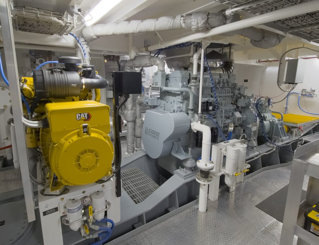 The engine room of the mv. Ashley Anne, which features Mitsubishi main engines from Laborde Products and Reintjes gears from Karl Senner LLC.