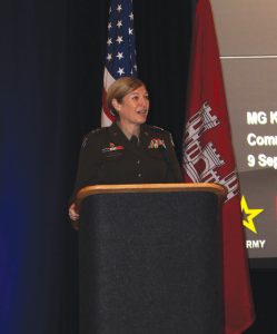 Major Gen. Kimberly Peeples, commander of the Corps of Engineers’ Mississippi Valley Division, welcomes an international audience to the Smart Rivers 2025 conference on September 9. (Photo by Shelley Byrne)