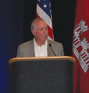 Craig Philip moderates the “Navigating Disruptions” plenary session September 9 at the Smart Rivers 2025 conference in Memphis, Tenn. The conference, sponsored by PIANC USA, attracted about 300 academic and industry professionals from six continents September 8-12. (Photo by Shelley Byrne)