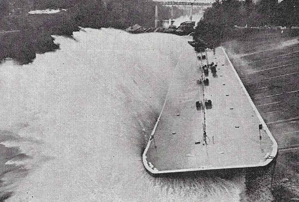 A Nabrico-built "Spoonbill" tank barge is launched in 1967. The photo of the Chotin barge is from the 1967 annual review issue of The Waterways Journal.