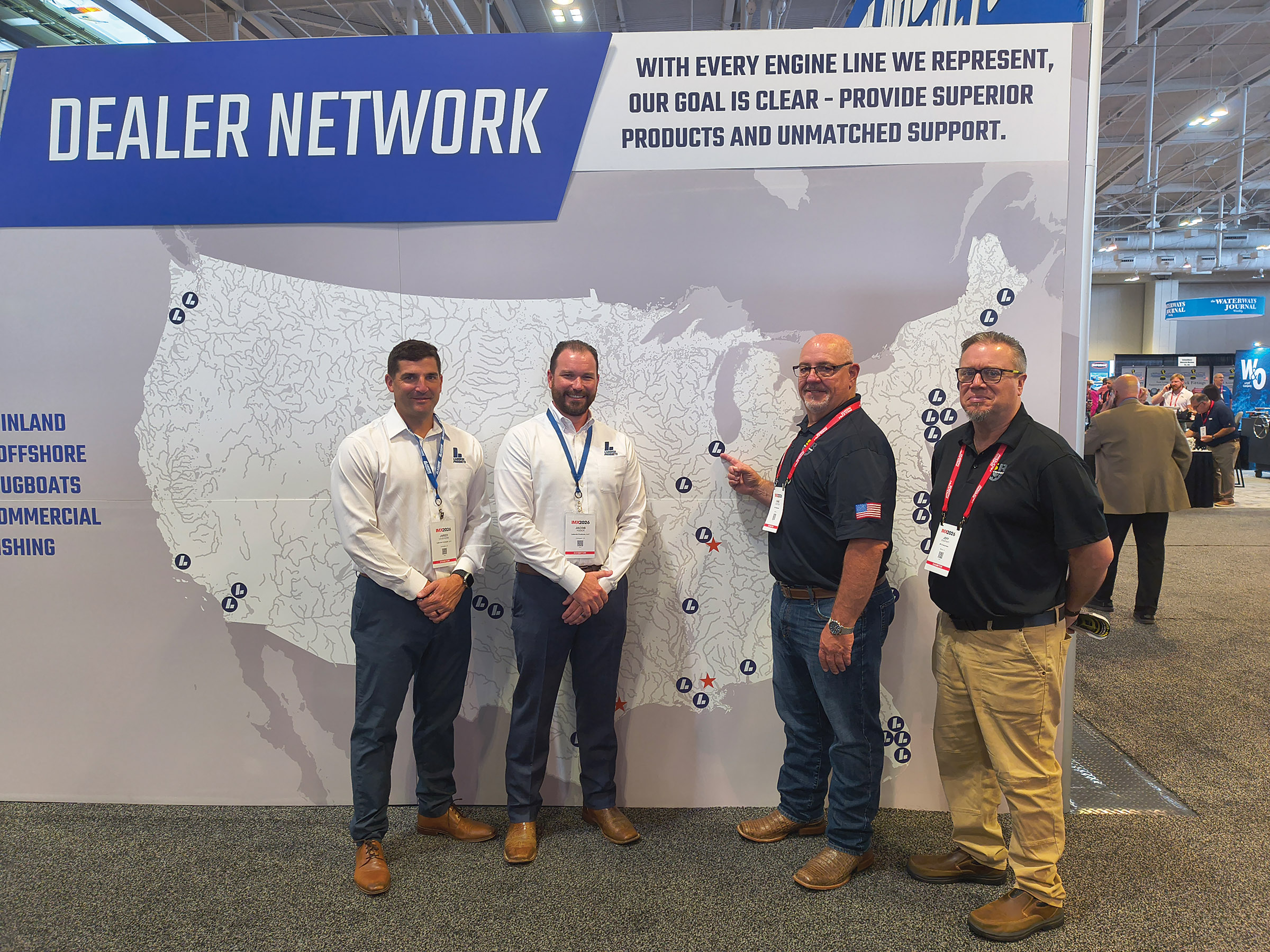 2606015 Labord 5R Dealer Agreement Representatives of Laborde Products and 5R Enterprises marked a new dealer agreement during the Inland Marine Expo (IMX) in Nashville, Tenn. Under the agreement, 5R Enterprises will serve as a Laborde Products dealer for the Midwest region, expanding support and service capabilities for inland marine operators. Pictured, from left, are Jared Legendre, vice president of sales for Laborde Products; Jacob Yoder, dealer development manager for Laborde Products; Chad Cailteux, owner of 5R Enterprises; and Jeff Caspary, territory sales manager for 5R Enterprises. (Photo by Zac Metcalf)