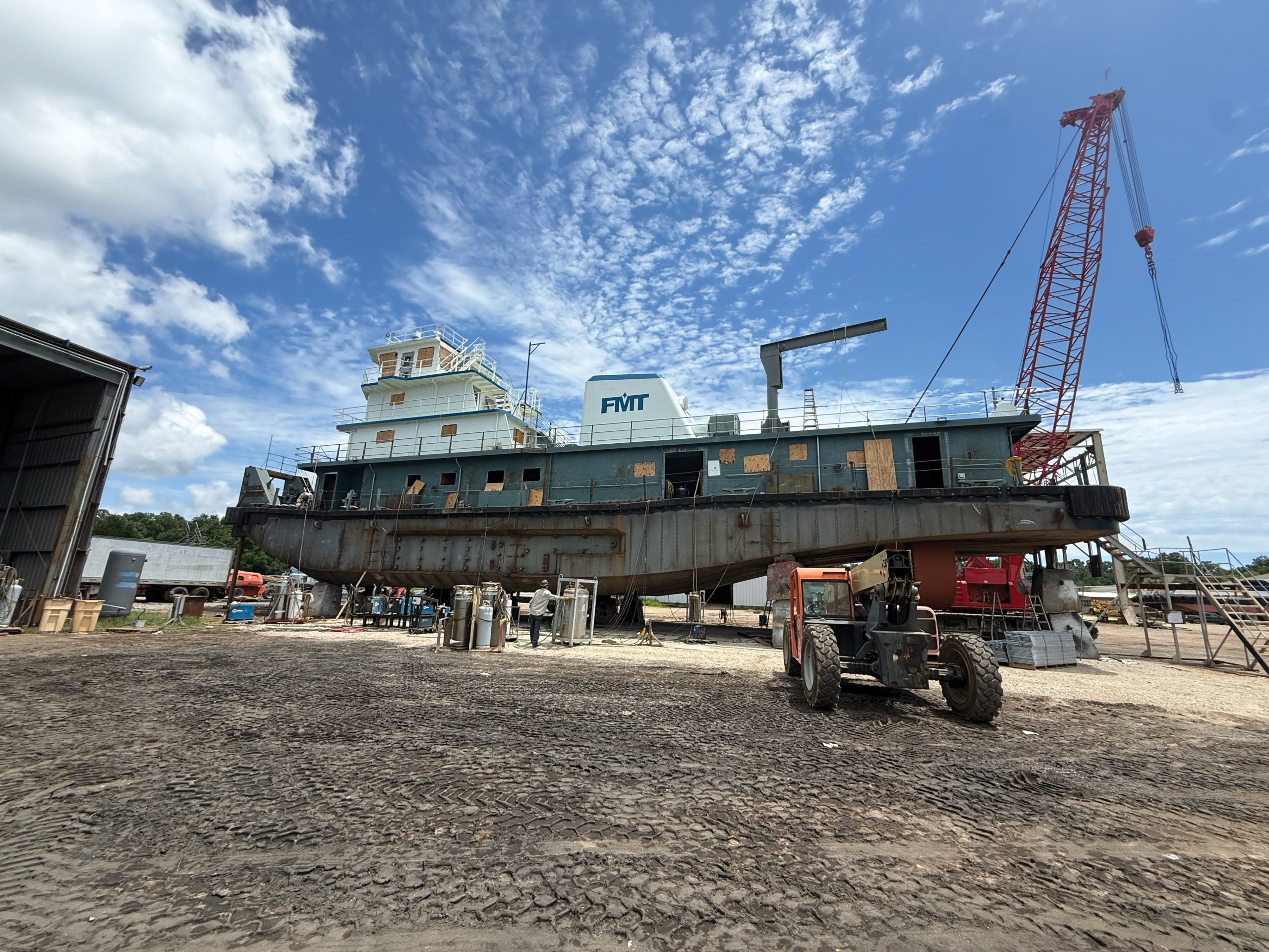 The Jesse D. Pasentine, one of two 4,000 hp. towboats under construction for Florida Marine Transporters LLC, is taking shape at Steiner Shipyard in Bayou La Batre, Ala. The sister vessels are scheduled for delivery in the fourth quarter of 2026. (Photo courtesy of Steiner Shipyard)