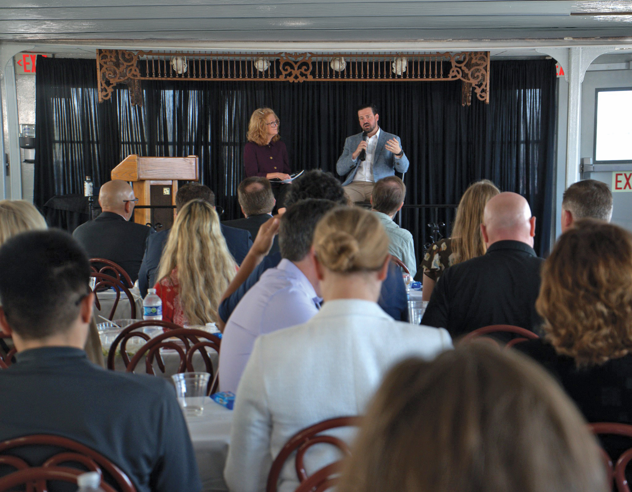 Tracey Zea, president and CEO of Waterways Council Inc. (WCI), in conversation with Mary Lamie, executive vice president – multimodal enterprises for BiState Development, during the June 10 FreightWeekSTL keynote address. Zea spoke about the importance of approaching government officials for adequate infrastructure funding as well as the necessity of routine lock and dam maintenance. (Photo courtesy of St. Louis Regional Freightway)