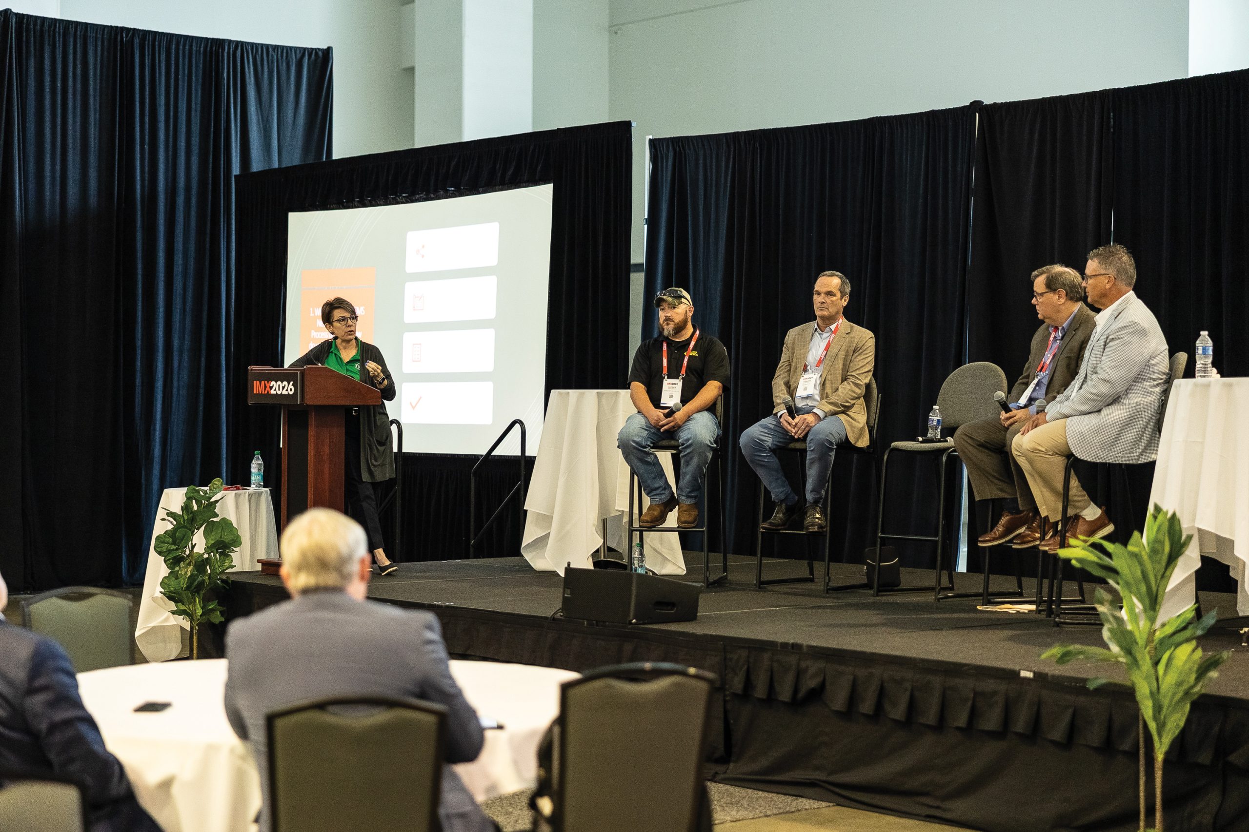 Panelists discuss best practices for navigating Subchapter M requirements during the session “From Concept to COI: Navigating the Realities of a New Construction TSMS Option Vessel” at the 2026 Inland Marine Expo. Pictured, from left, are Tava S. Foret, president and co-founder of Towing Vessel Inspection Bureau (TVIB); Patrick McKinney, marine surveyor and lead auditor at Rushing Marine Service LLC; Kenneth Humphreys, licensed professional engineer and managing partner of MiNO Marine LLC; Mike Stone, manager of vessel engineering at Canal Barge Company; and Caleb T. King, senior operations manager at Towing Vessel Inspection Bureau (TVIB). (Photo courtesy of ECN Photography)