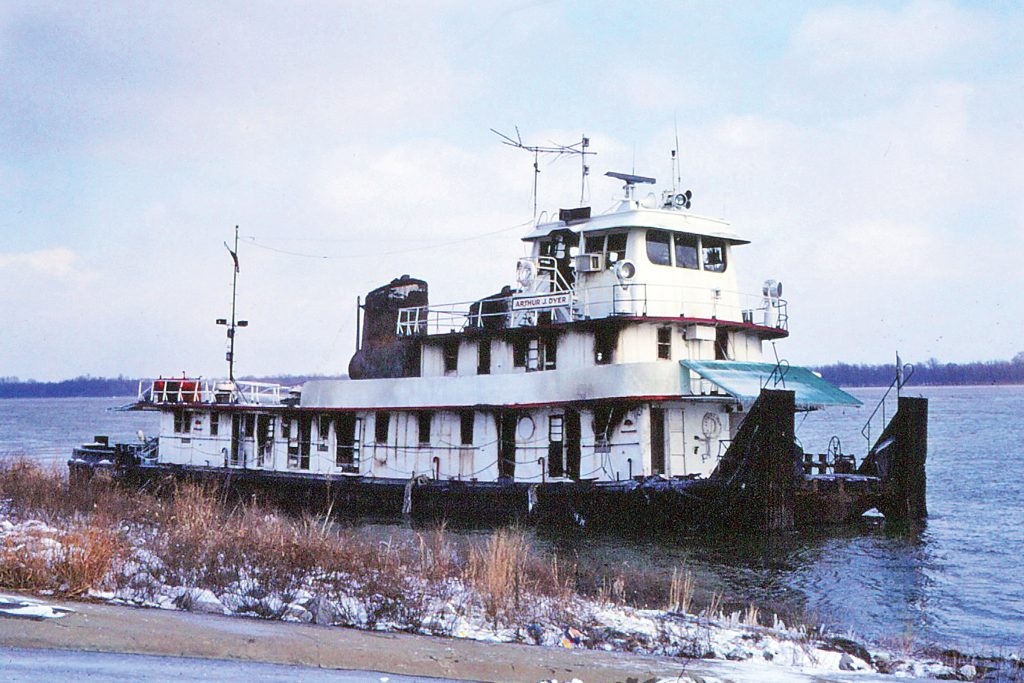 Fire damaged Arthur J. Dyer at Paducah, Ky., February 12, 1986. (Photo by Jeff L. Yates.)