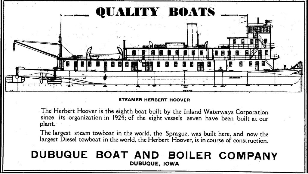 Ad describing the IWC diesel towboat HERBERT HOOVER in the July 12, 1930 WJ.