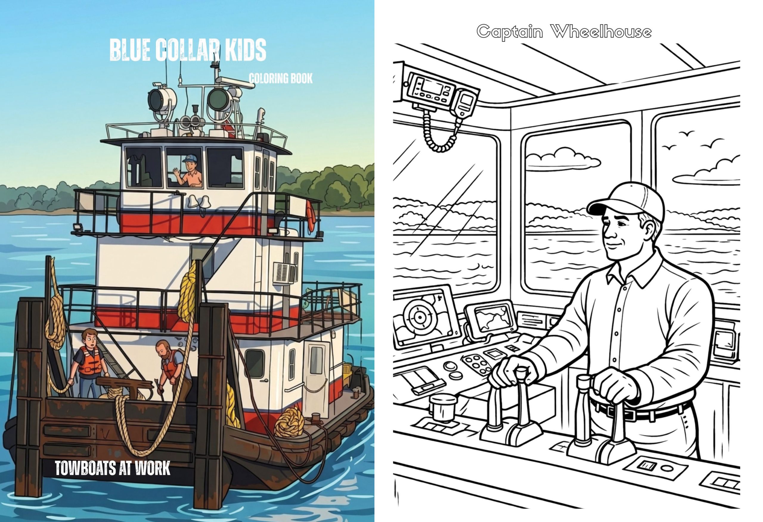 Coloring Book – 1 Amber Box turned her family's experience in the towboat industry into a children's coloring book designed to educate and inspire. Blue Collar Kids: Towboats At Work features illustrations of towboat operations, barges and everyday life on the river, helping children connect with the work their parents do and explore future career possibilities. (Images courtesy of Amber Box)