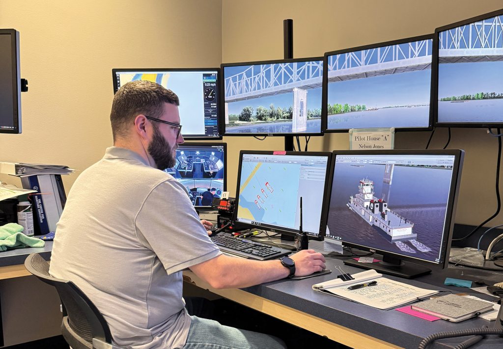 Tom Watson works to validate a new towboat simulator model at the Seamen’s Church Institute’s Center for Maritime Education. SCI has partnered with CT Marine on model designs. The first is for Marquette Transportatin’s mv. John Paul Eckstein. (Photo courtesy of Seamen’s Church Institute)