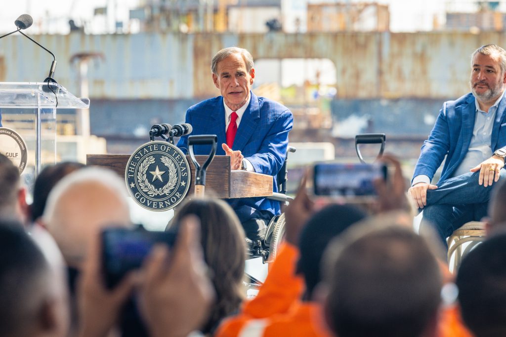 Texas Gov. Greg Abbott speaks at the June 1 groundbreaking of Davie's expansion of its Copper shipbuilding facility in Galveston. (Photo by Eduardo Leal)