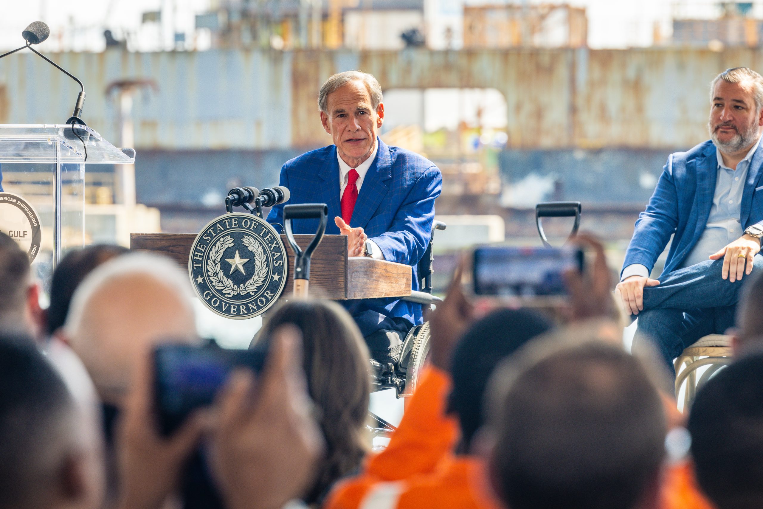Abbott_Photo Jun 01 2026, 10 56 00 AM Texas Gov. Greg Abbott speaks at the June 1 groundbreaking of Davie's expansion of its Copper shipbuilding facility in Galveston.