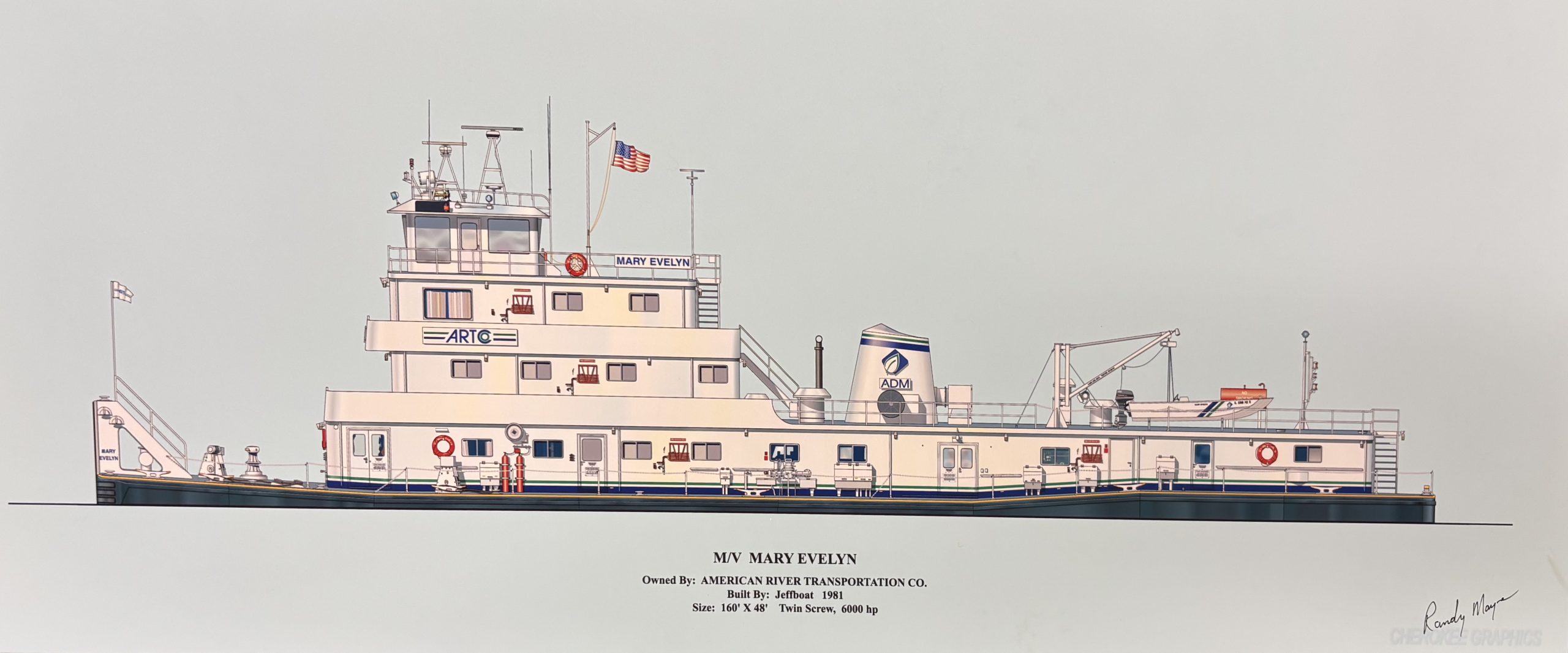 260810_Randy_2 A detailed illustration by Randy Mayse depicts the mv. Mary Evelyn, one of the many custom towboat drawings he has created using Adobe software to preserve the history of inland river vessels. (Photo courtesy of the artist’s collection)