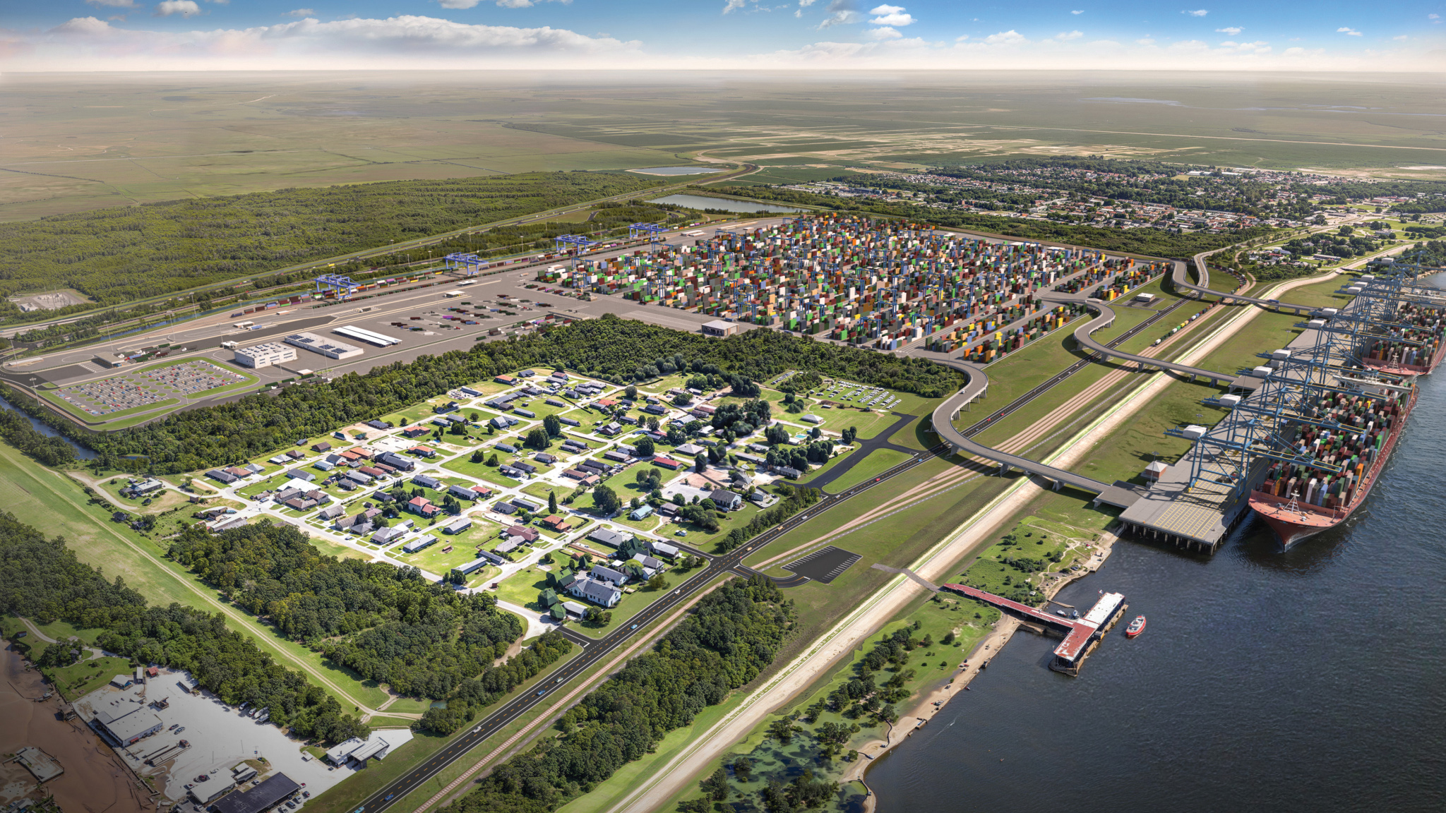 260824_LIT-rendering-2026 A rendering shows the planned Louisiana International Terminal on the Lower Mississippi River. The Corps of Engineers has granted the federal permit authorizing construction of the greenfield container terminal, a public-private partnership among Port NOLA, Terminal Investment Limited and Ports America. The terminal will be designed to accommodate the largest container vessels calling on the Gulf. (Photo courtesy of The Port of New Orleans)