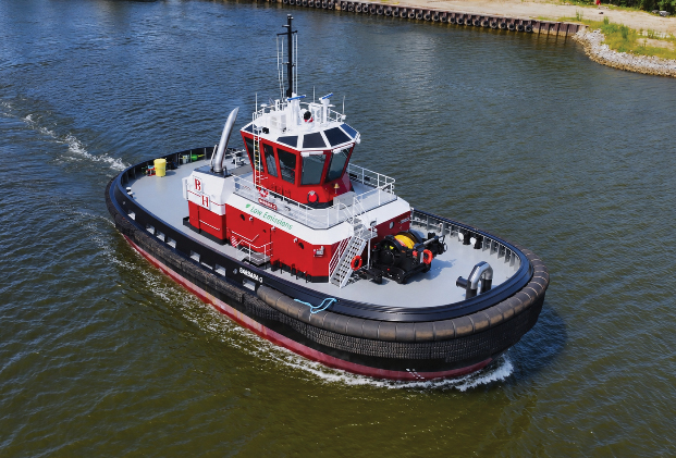 260921Master Boat Barbara G, the first of two Rapport 3000 escort tugs being built by Master Boat Builders for Bay-Houston Towing, will be operated by G&H Towing for ship-assist and escort operations along the Texas Gulf Coast. The 98-foot tug produces more than 90 metric tons of bollard pull and is powered by twin engines generating 7,000 hp. (Photo courtesy of Master Boat Builders Inc.)