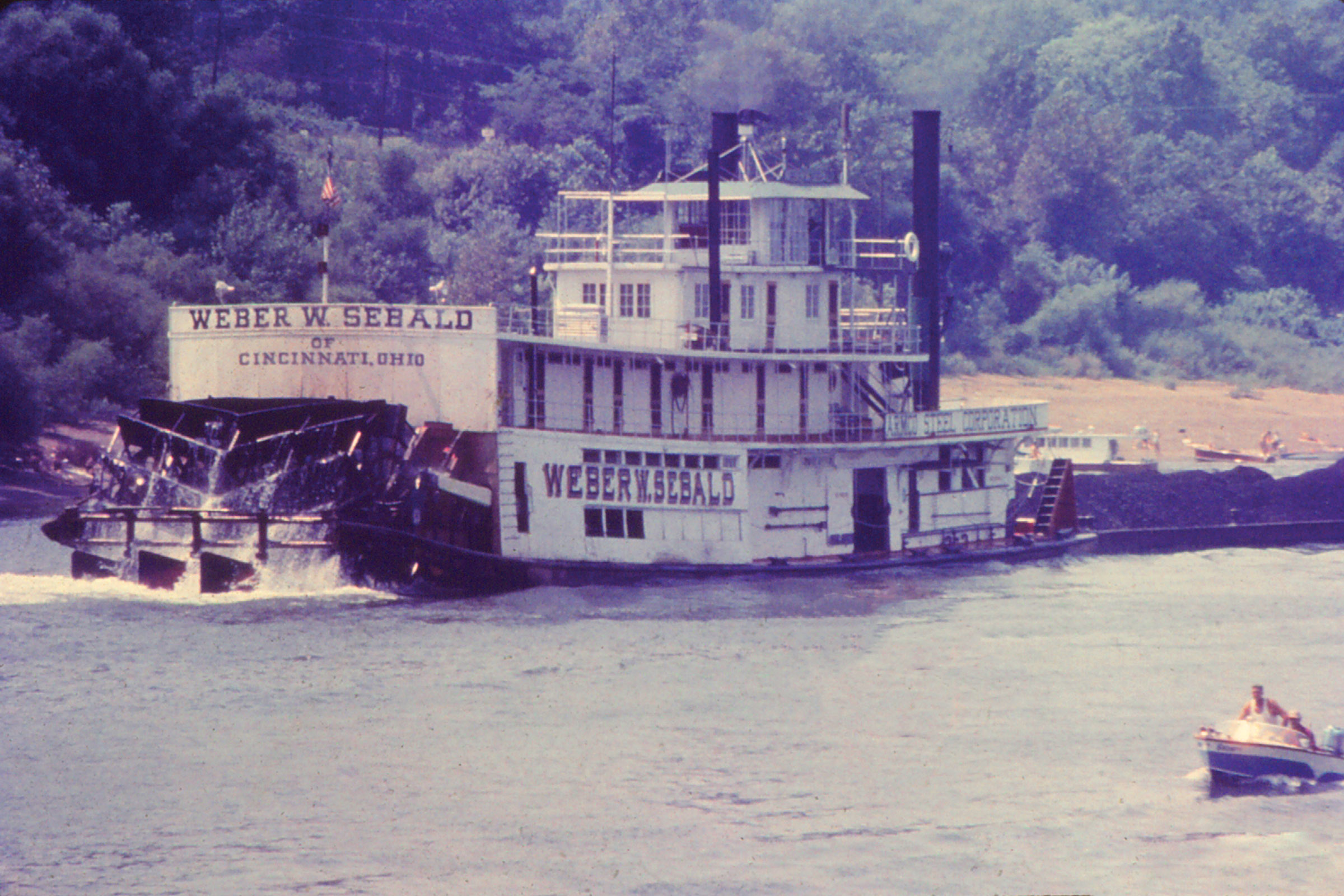 The Weber W. Sebald departing Ohio River Lock 36 downbound August 12, 1957. Note the herringbone sternwheel. (Photo from the Jeff Yates collection)