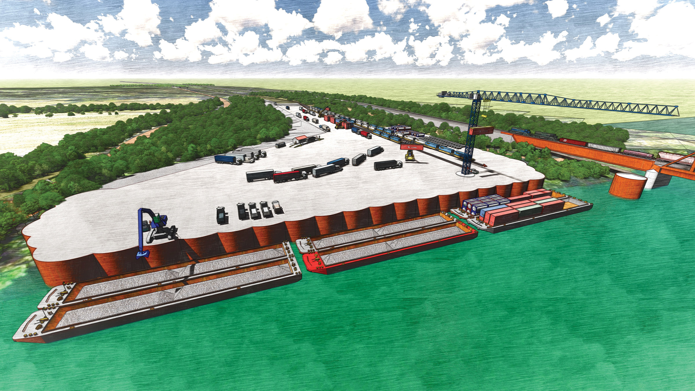 261102_Paducah-Riverport-West-rendering A $40 million PIDP grant announced October 26 will allow construction of the Paducah-McCracken County Riverport Authority’s Riverport West Project at Ohio River Mile 944. This rendering shows the 650-foot dock with three barge berths and rail service. (Courtesy of Bacon Farmer Workman/Marcum Engineering)